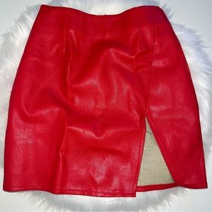By the way Red Faux Leather Skirt with Slit